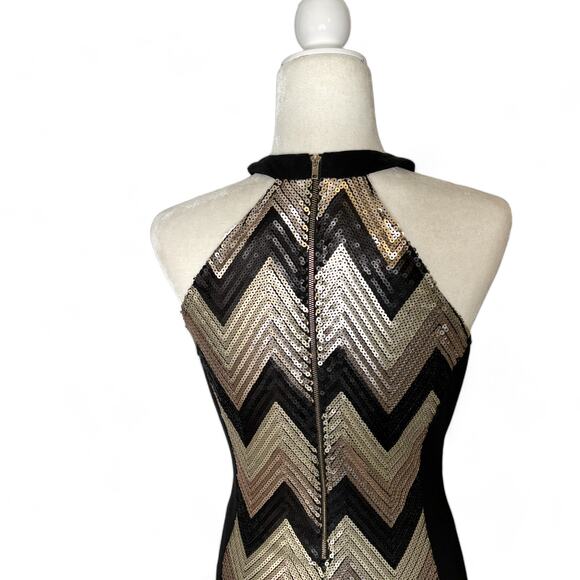 G by Guess Chevron Stripe Sequin Halter Dress Gold Black Small - Picture 5 of 11